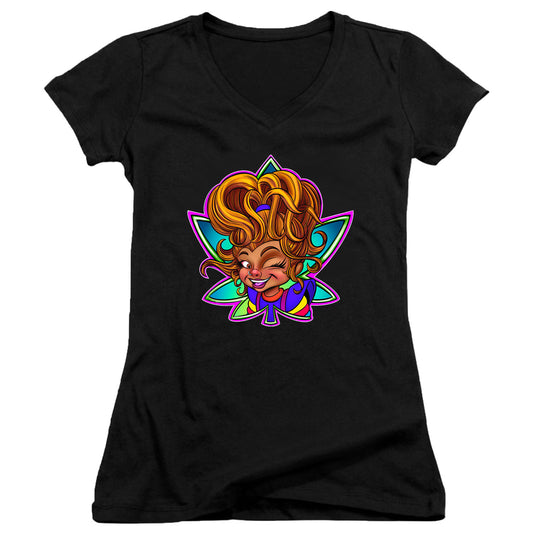 Stuck in the Tree Wink Black Juniors V Neck T Shirt